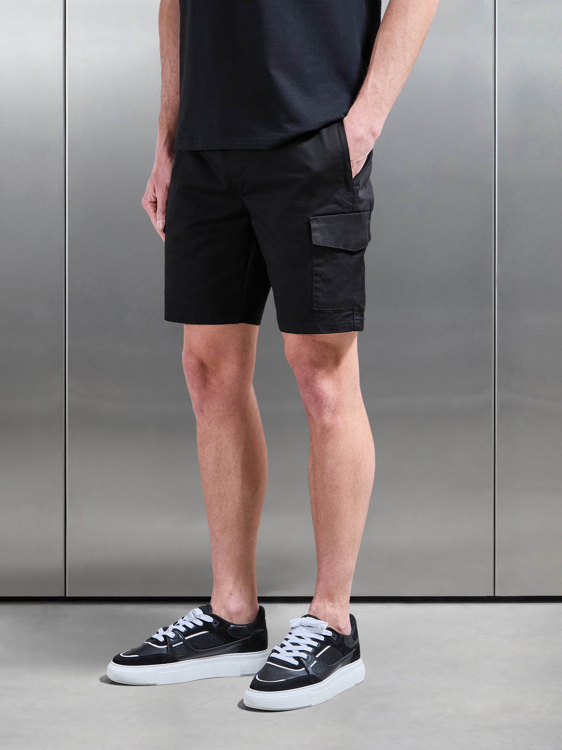 Tailored Drawstring Cargo Short in Black