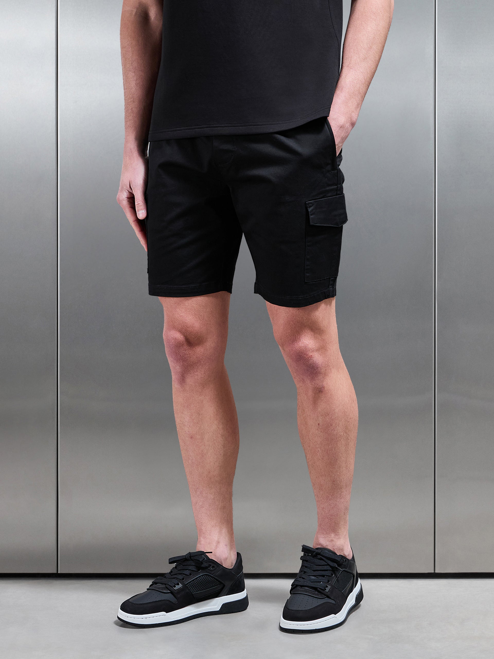 Tailored Drawstring Cargo Short in Black