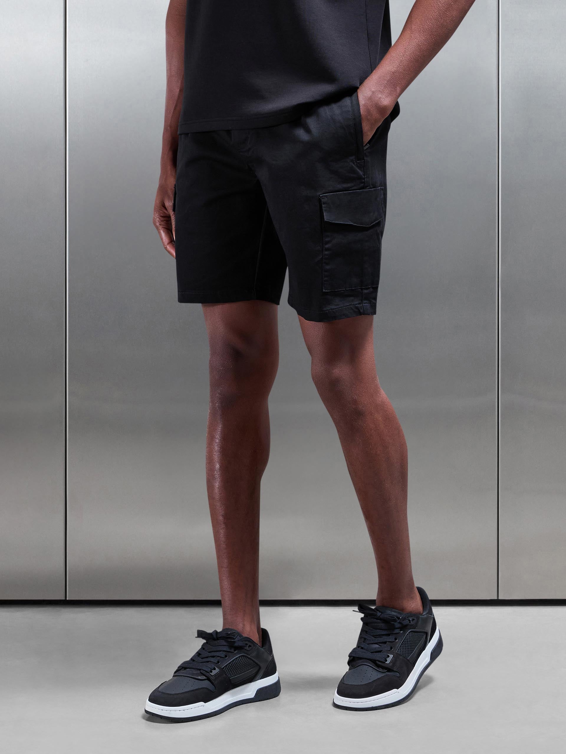 Tailored Drawstring Cargo Short in Black