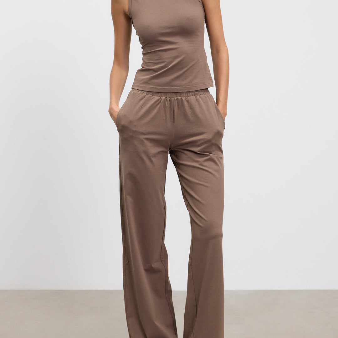 Womens Cotton Modal Wide Leg Pull On Trouser in Taupe