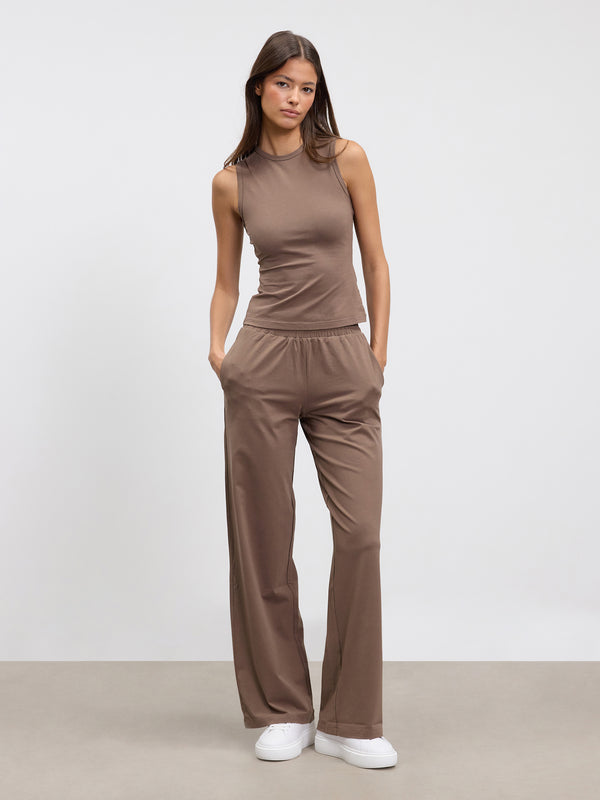 Womens Cotton Modal Wide Leg Pull On Trouser in Taupe