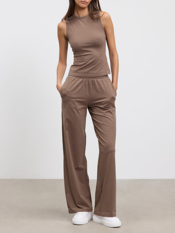 Womens Cotton Modal Wide Leg Pull On Trouser in Taupe