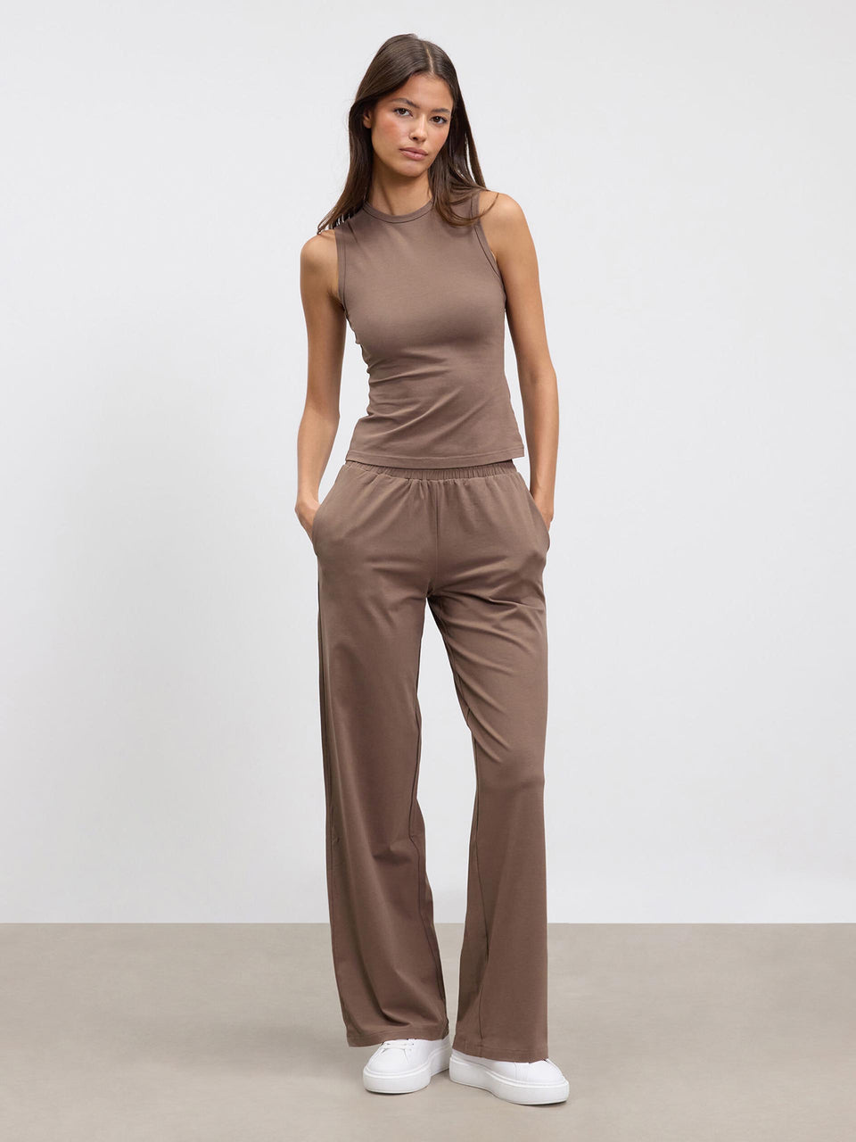 Womens Cotton Modal Wide Leg Pull On Trouser in Taupe