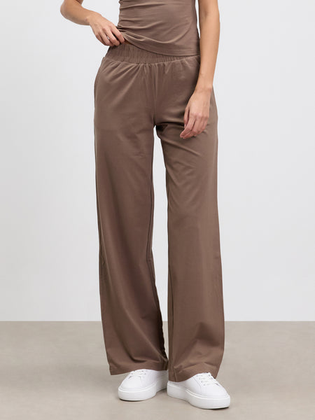 Womens Cotton Modal Wide Leg Pull On Trouser in Taupe