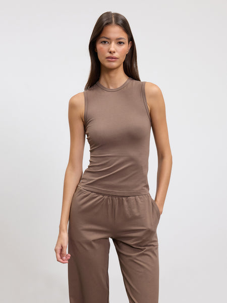 Womens Cotton Modal Round Neck Vest in Taupe