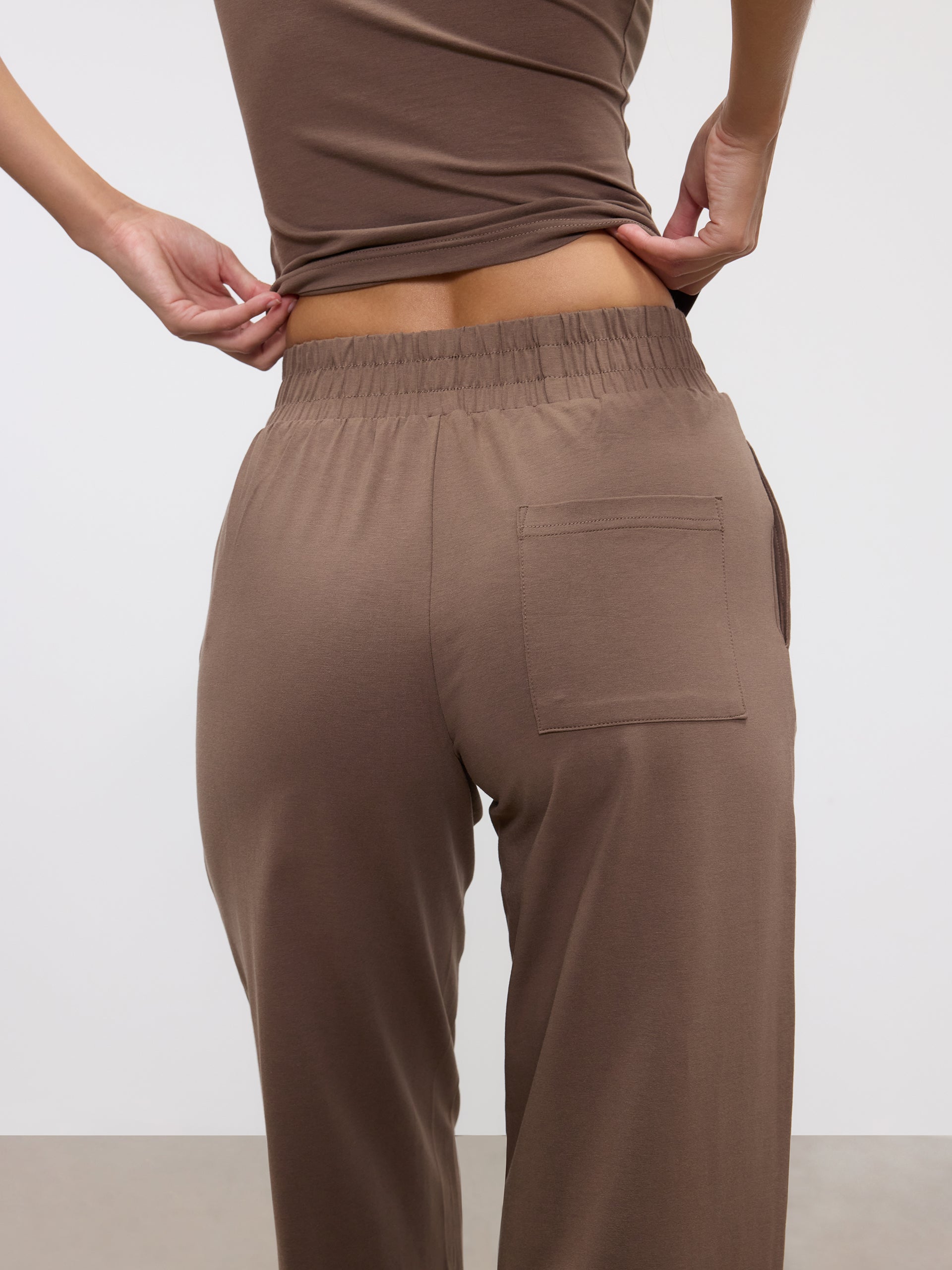 Womens Cotton Modal Wide Leg Pull On Trouser in Taupe