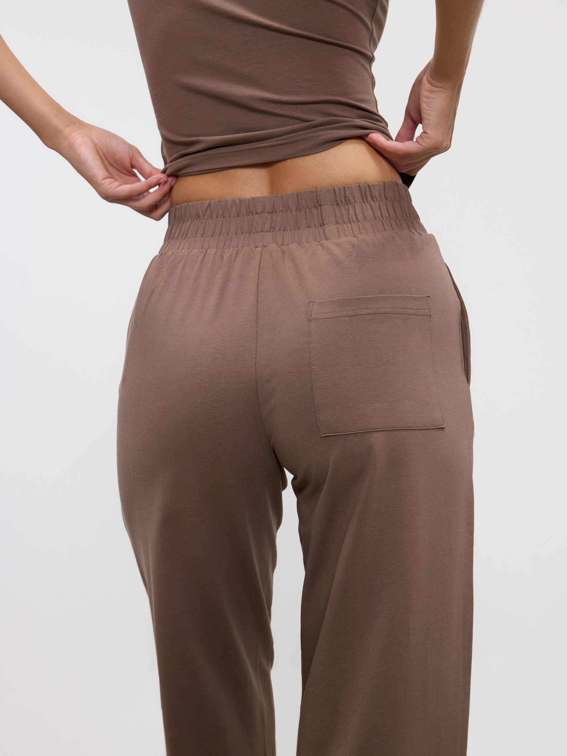 Womens Cotton Modal Wide Leg Pull On Trouser in Taupe