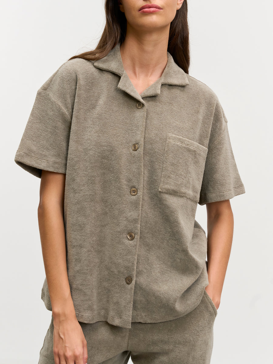 Womens Towelling Revere Collar Shirt in Taupe