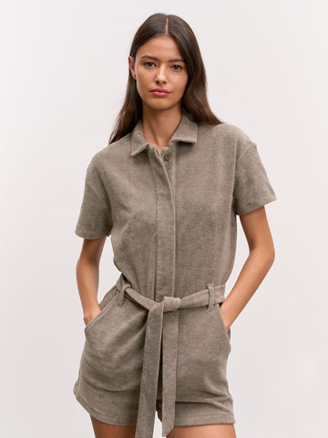 Womens Towelling Playsuit in Taupe