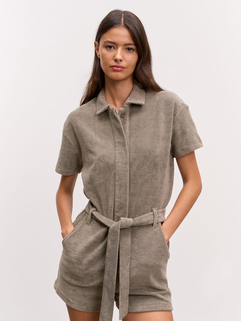 Womens Towelling Playsuit in Taupe
