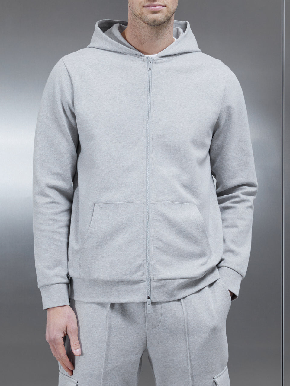 Technical Jersey Zip Through Hoodie in Marl Grey