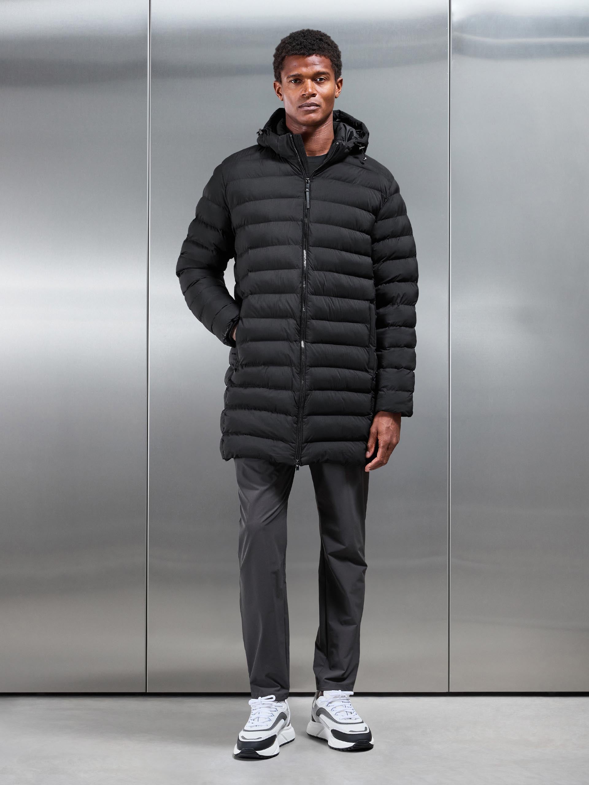 Technical Mid Length Puffer Jacket in Black