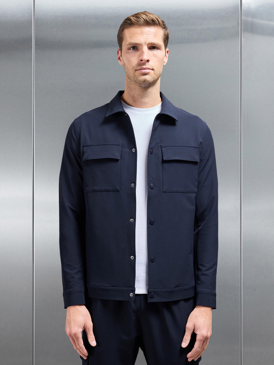 Technical Mid Weight Popper Overshirt in Navy