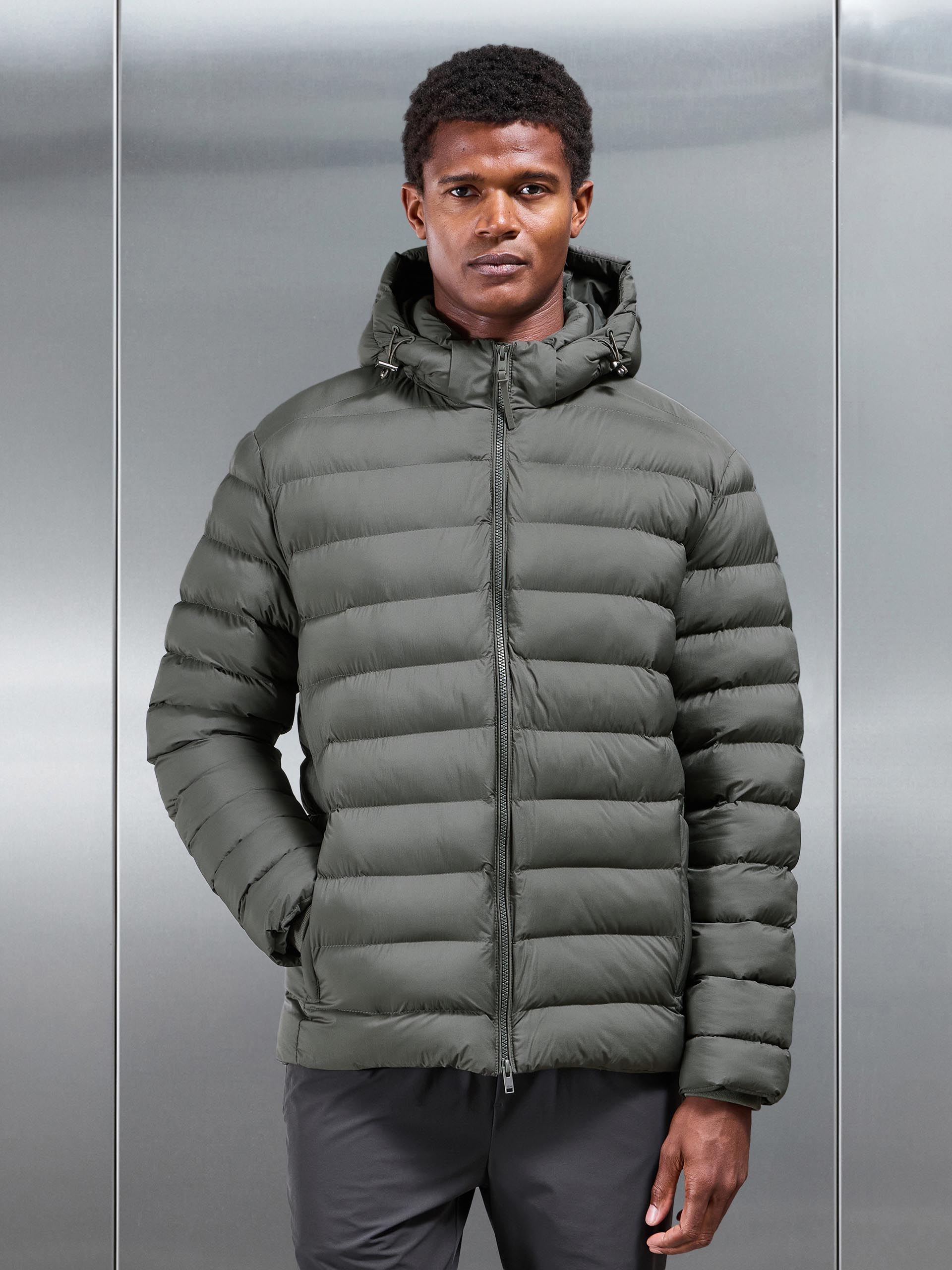 Technical Short Puffer Jacket in Olive