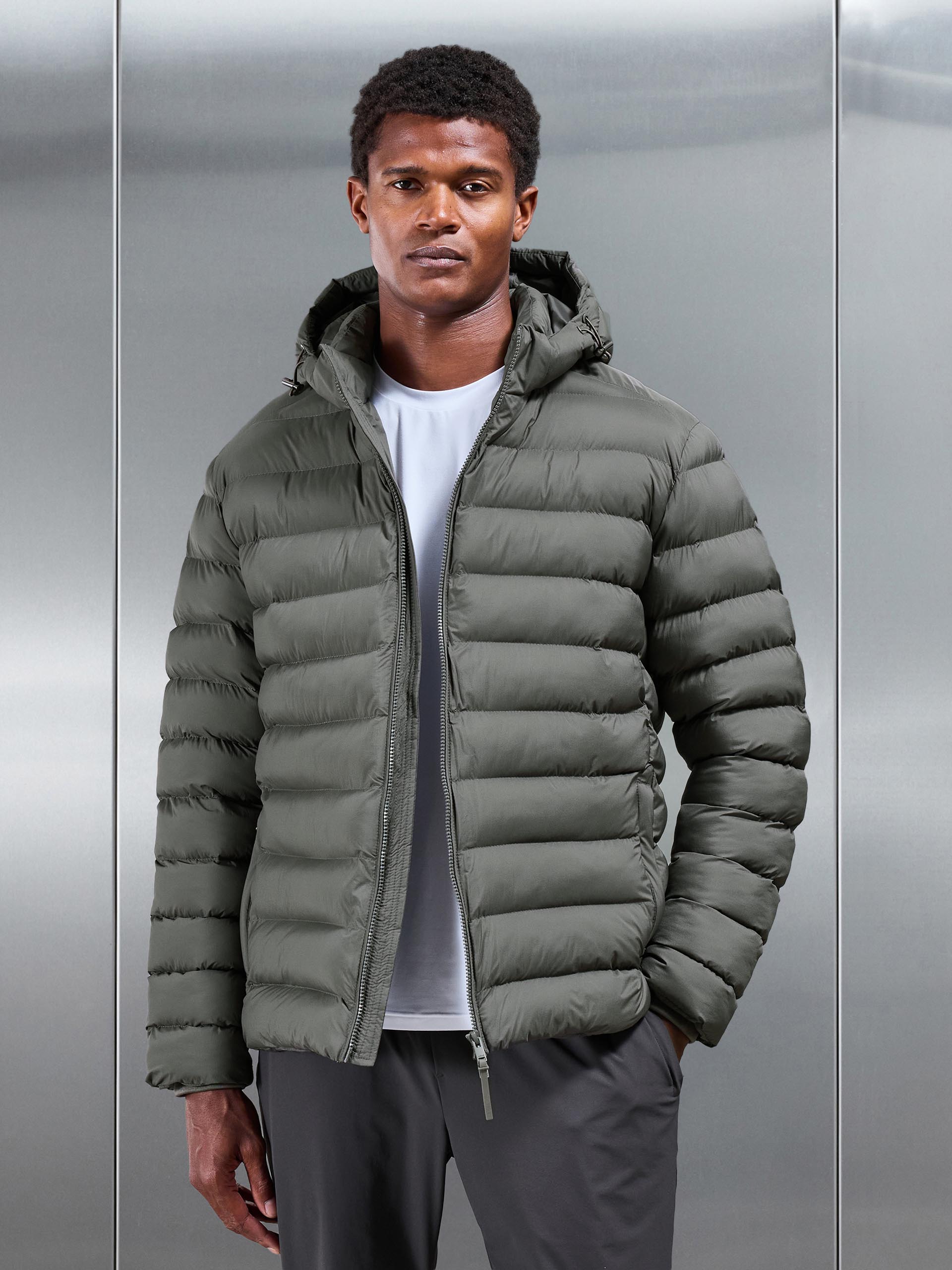 Technical Short Puffer Jacket in Olive