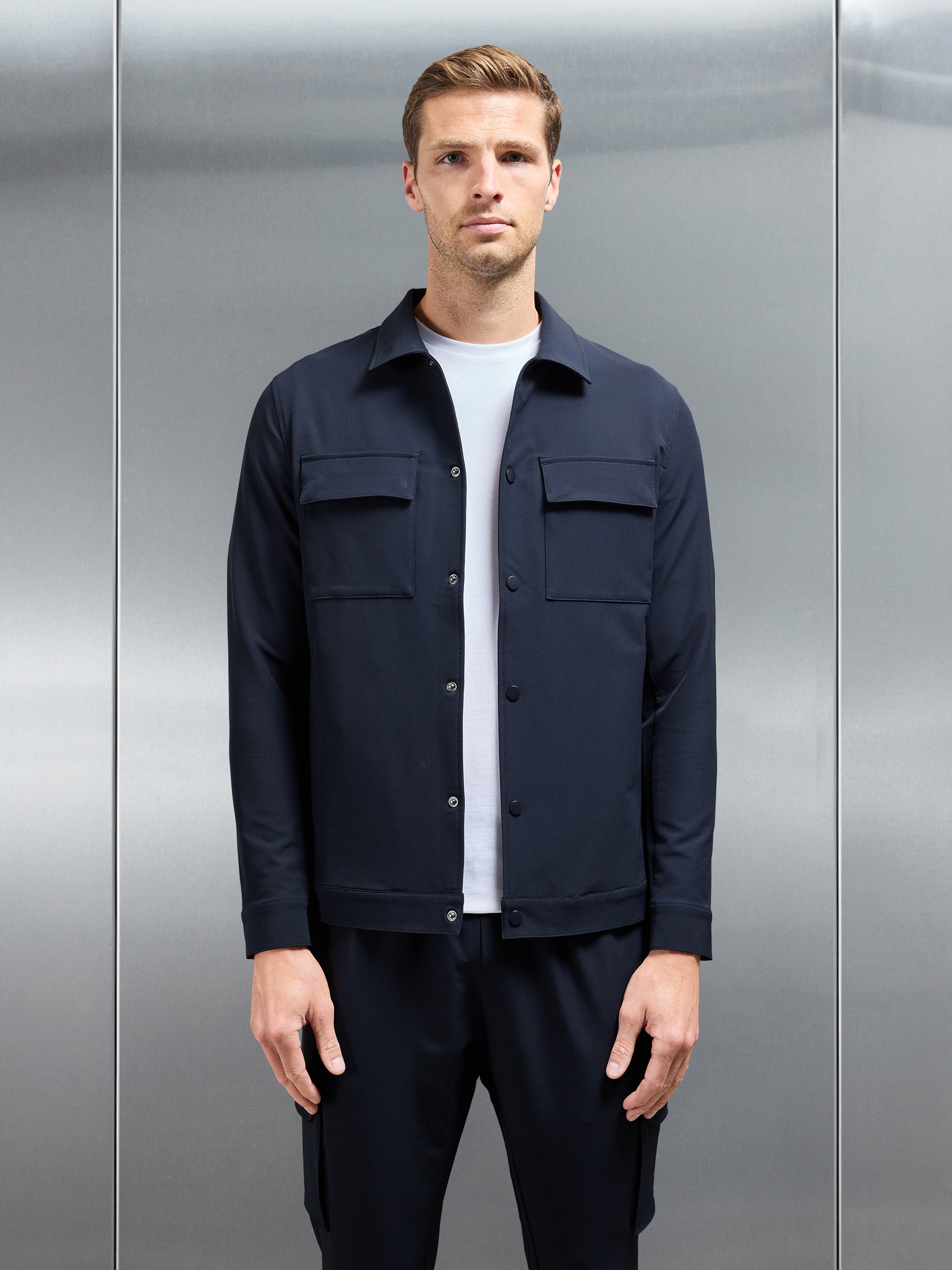 Technical Mid Weight Popper Overshirt in Navy