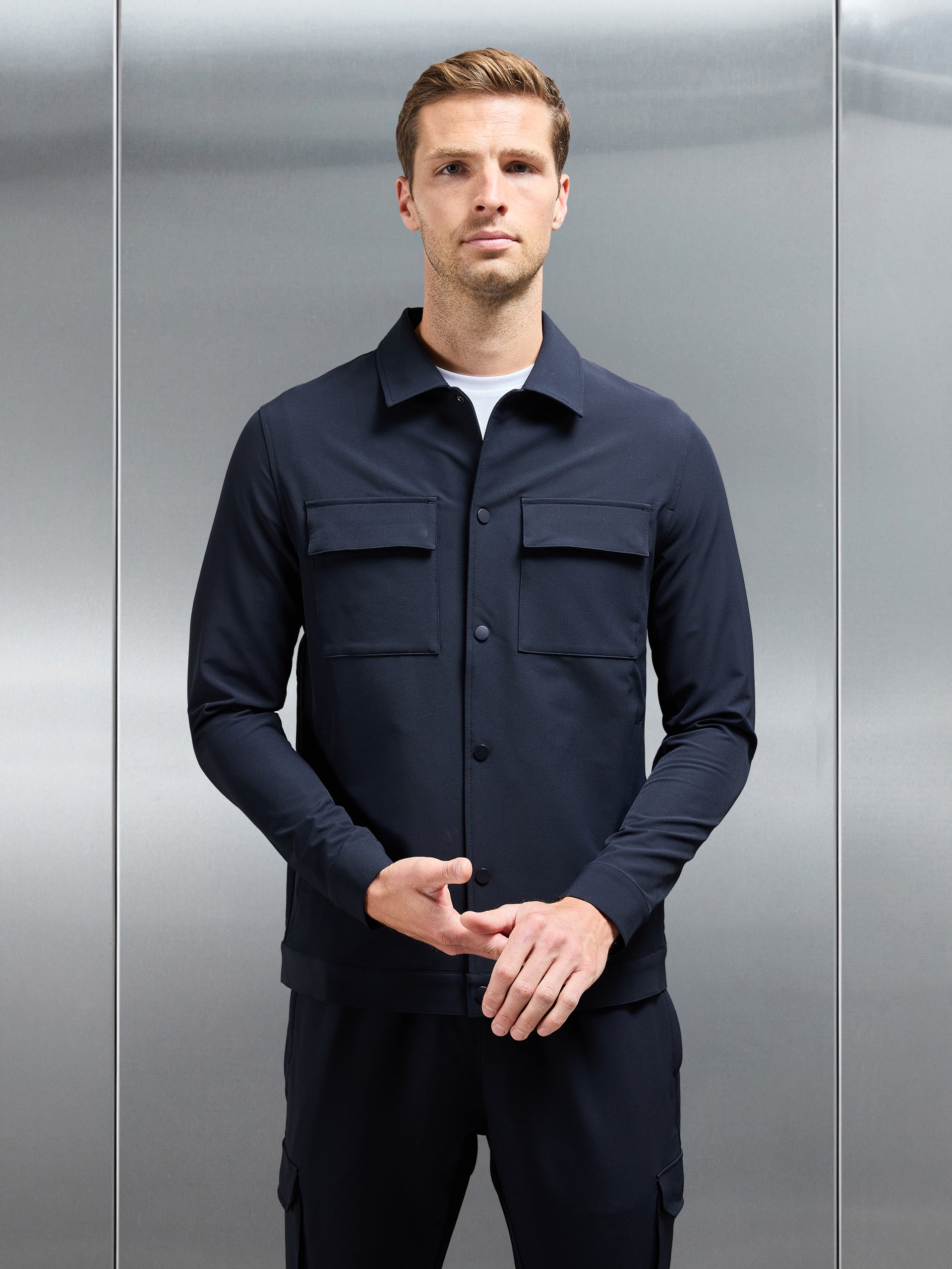 Technical Mid Weight Popper Overshirt in Navy