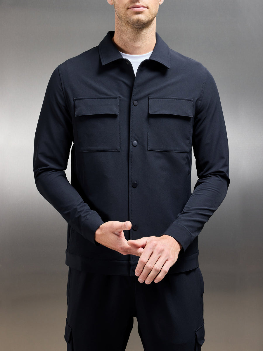 Technical Mid Weight Popper Overshirt in Navy