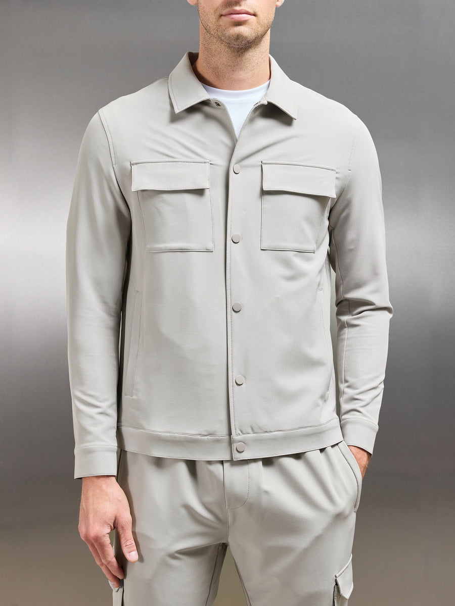 Technical Mid Weight Popper Overshirt in Stone