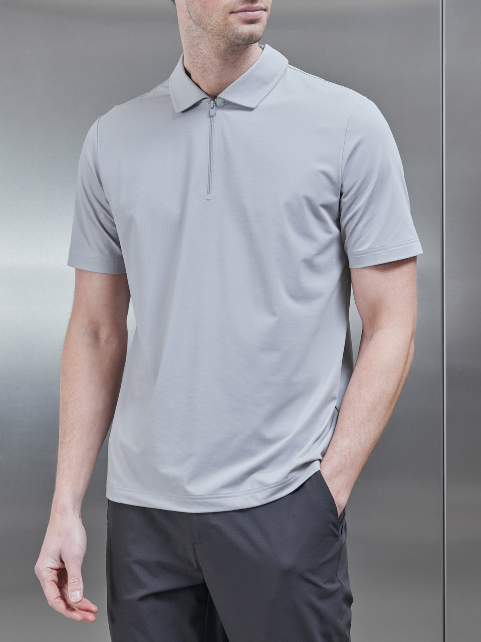 Technical Zip Polo Shirt in Mid Grey