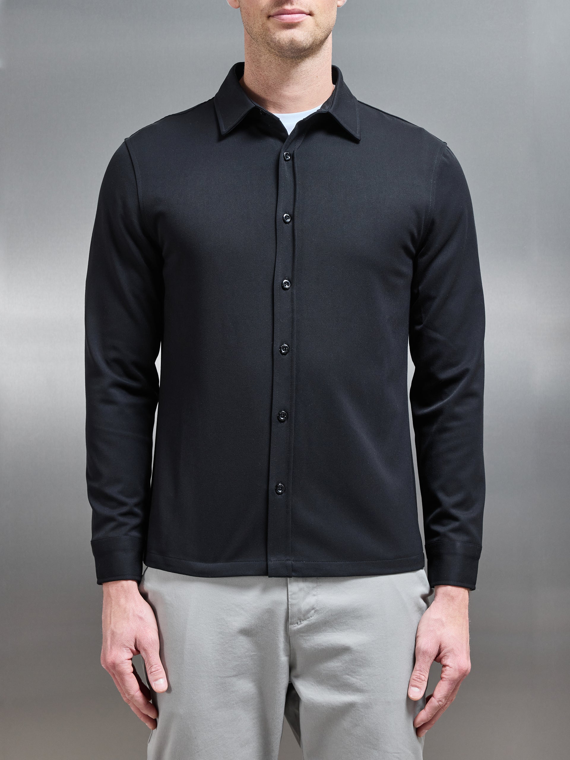 Textured Button Through Shirt in Black