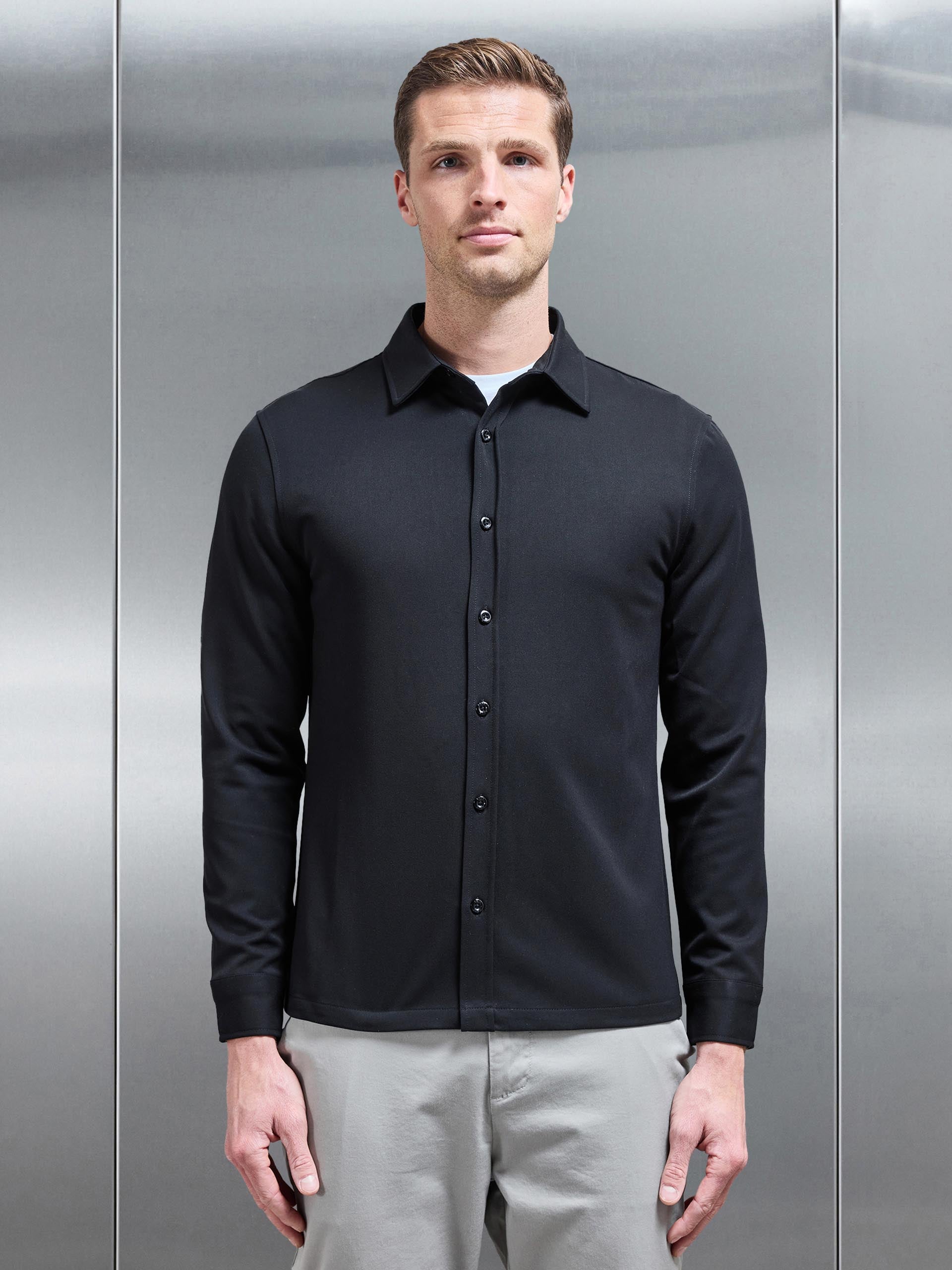 Textured Button Through Shirt in Black