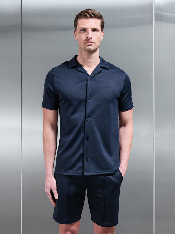 Textured Interlock Revere Collar Shirt in Navy