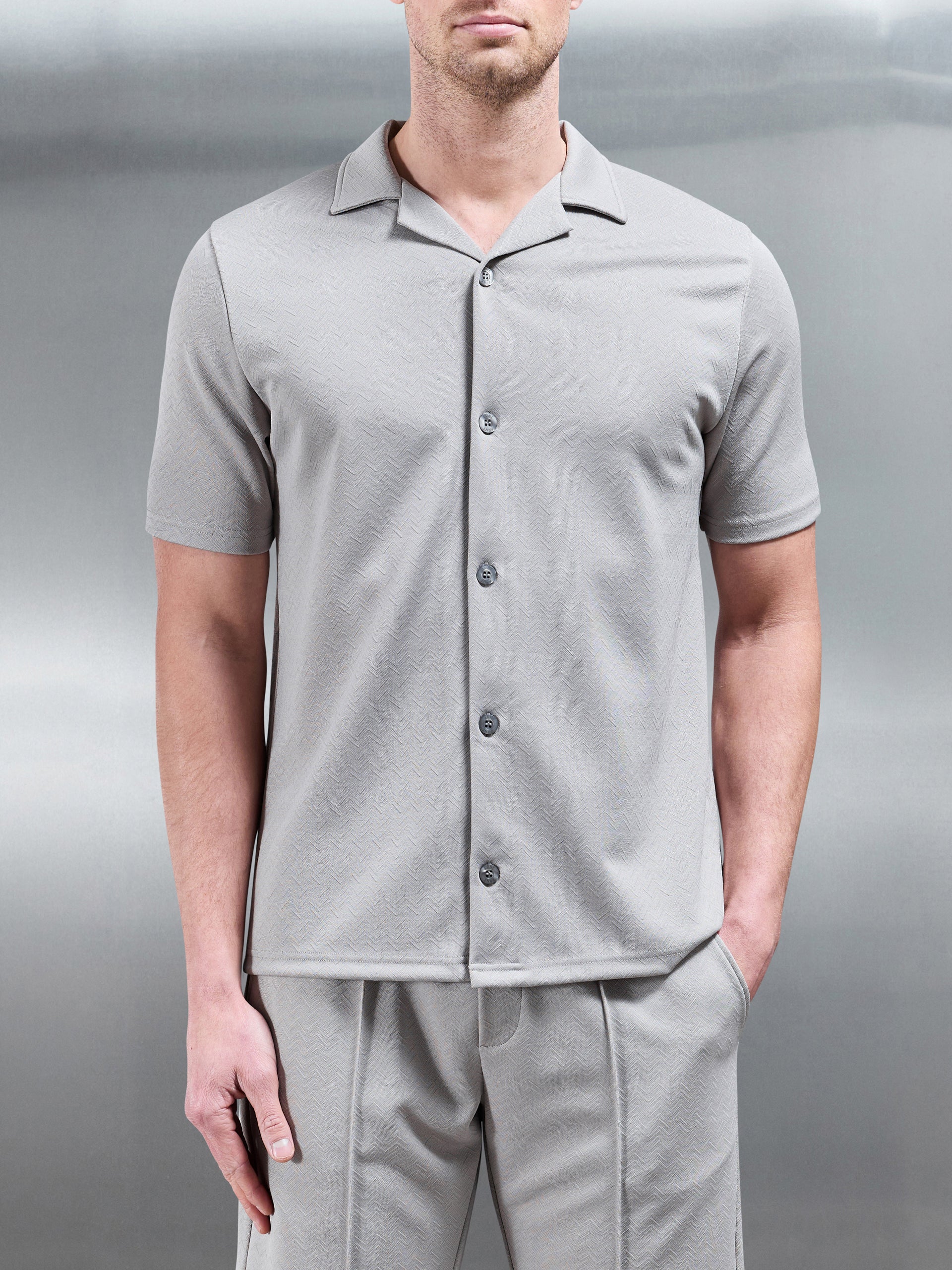 Textured Interlock Revere Collar Shirt in Stone