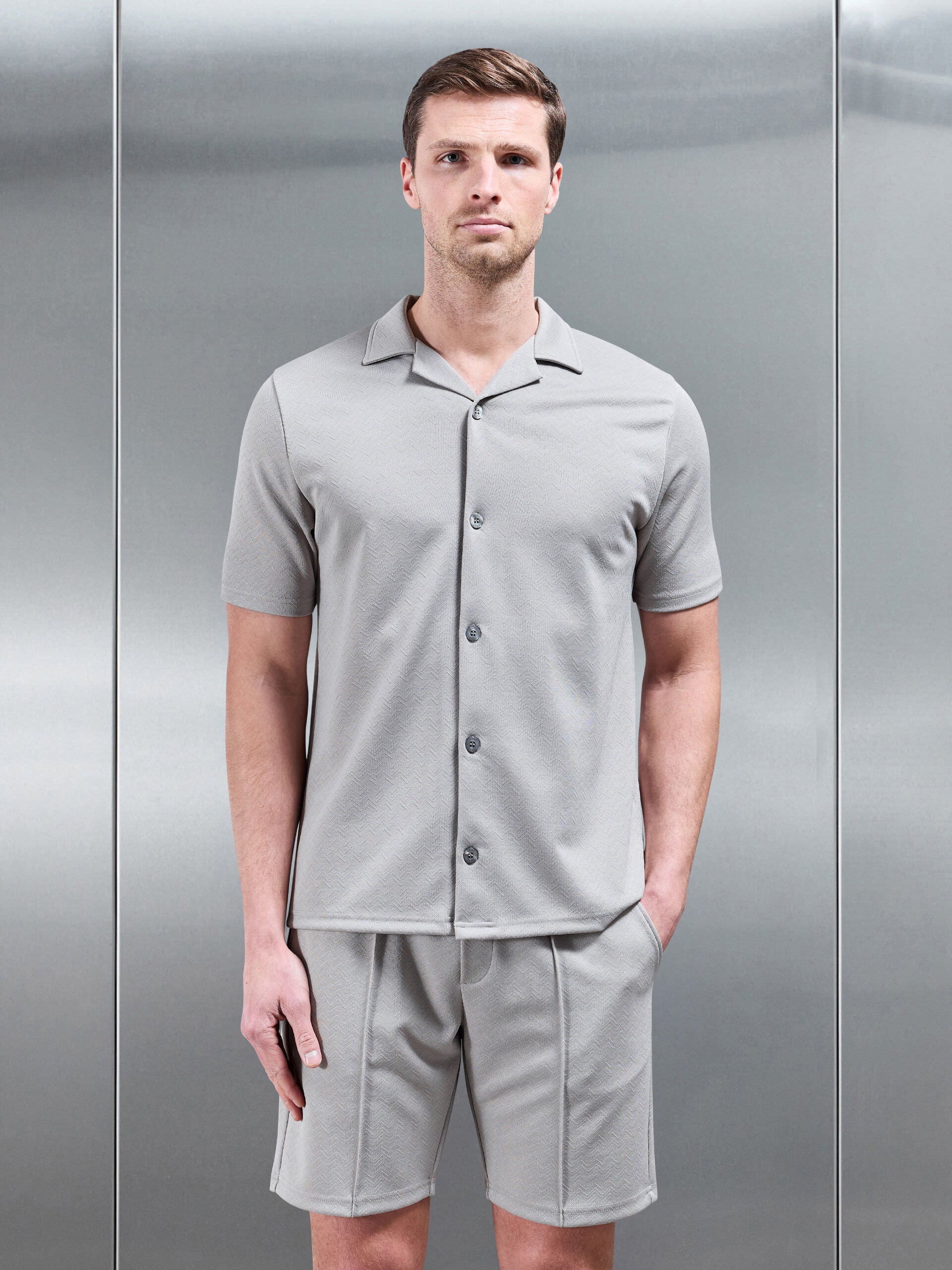 Textured Interlock Revere Collar Shirt in Stone