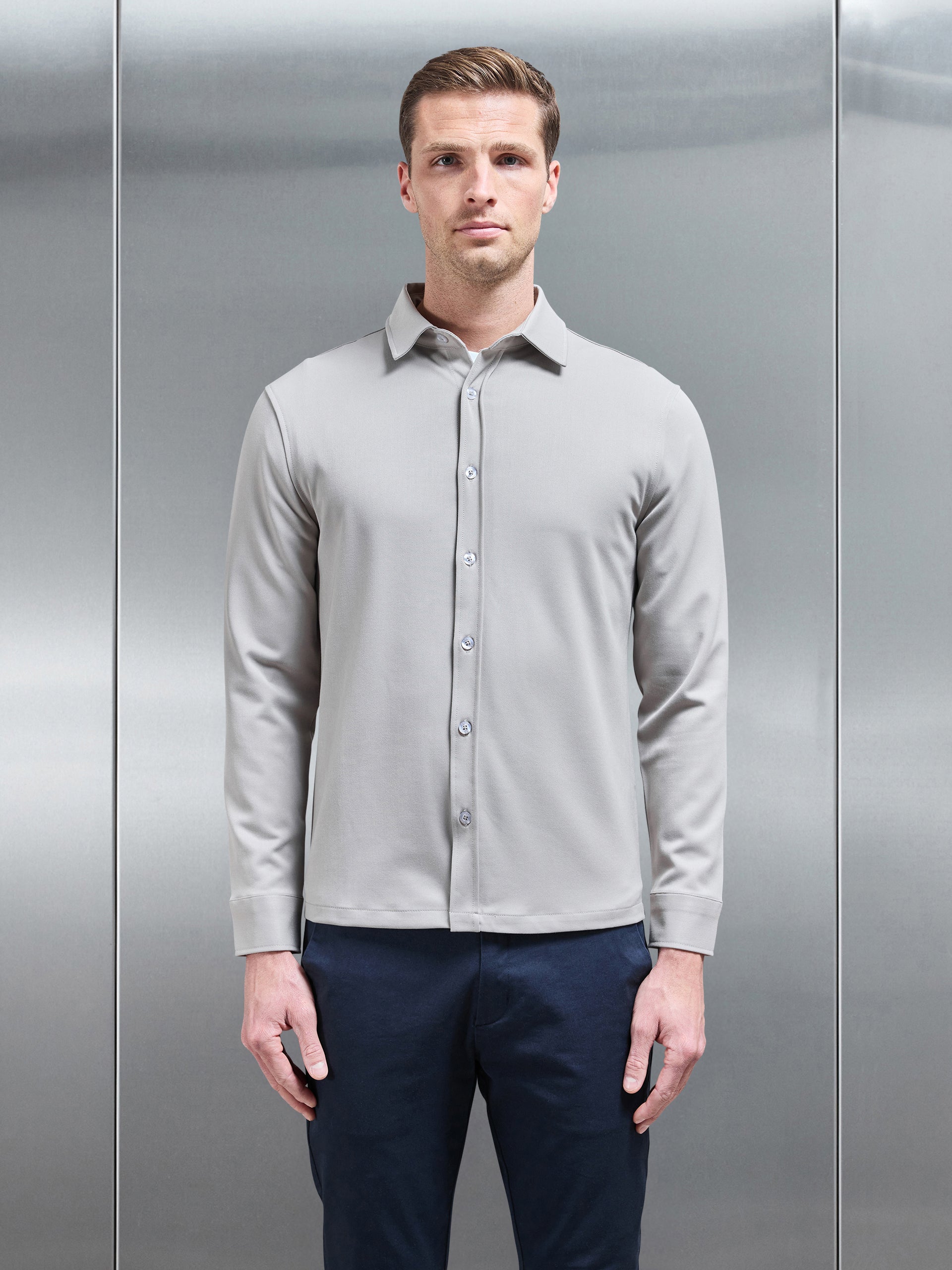 Textured Button Through Shirt in Stone