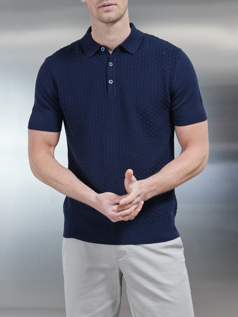 Textured Egyptian Cotton Polo Shirt in Navy