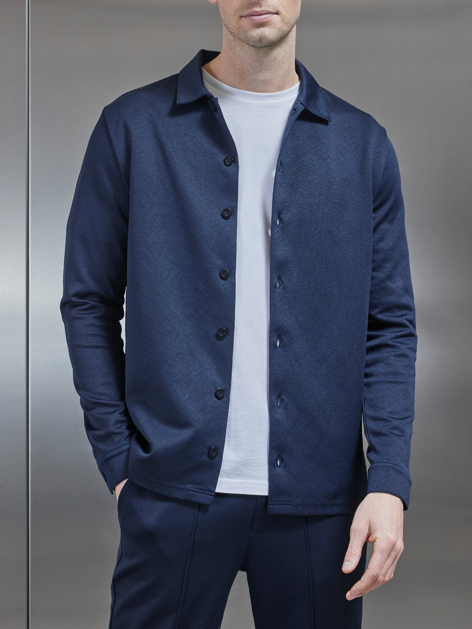 Textured Interlock Overshirt in Navy