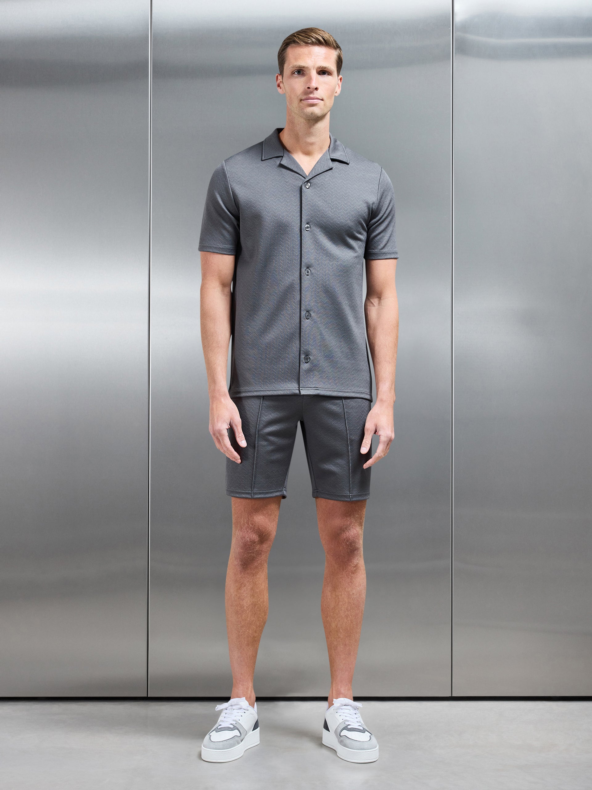 Textured Interlock Revere Collar Shirt in Grey