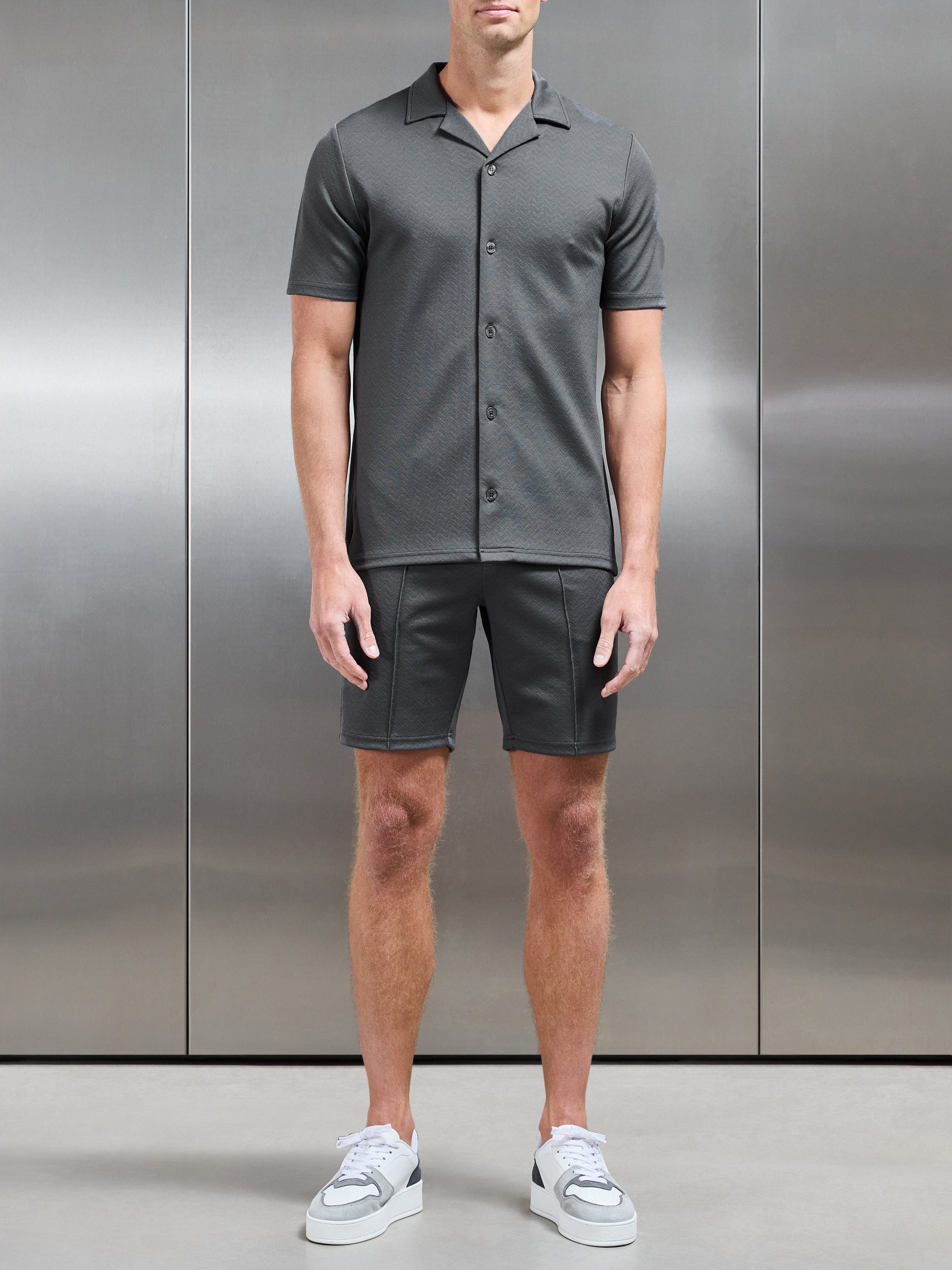 Textured Interlock Revere Collar Shirt in Grey