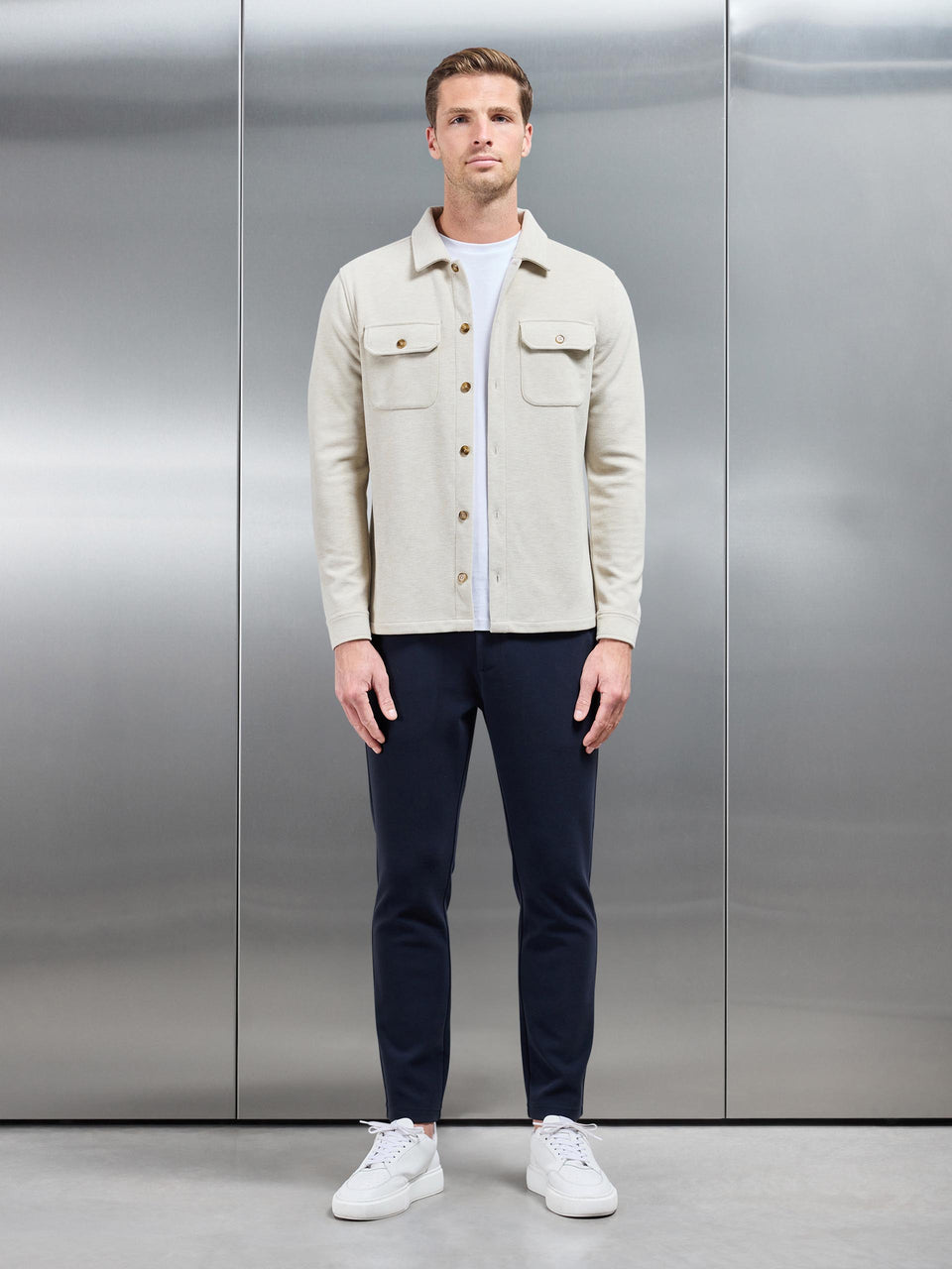 Textured Knitted Overshirt in Stone
