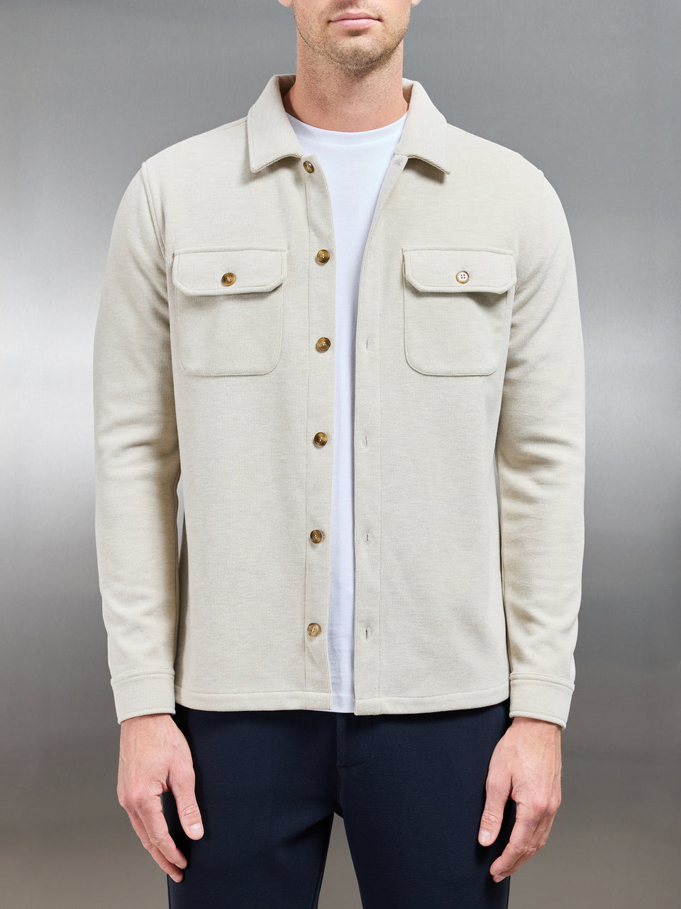 Textured Knitted Overshirt in Stone