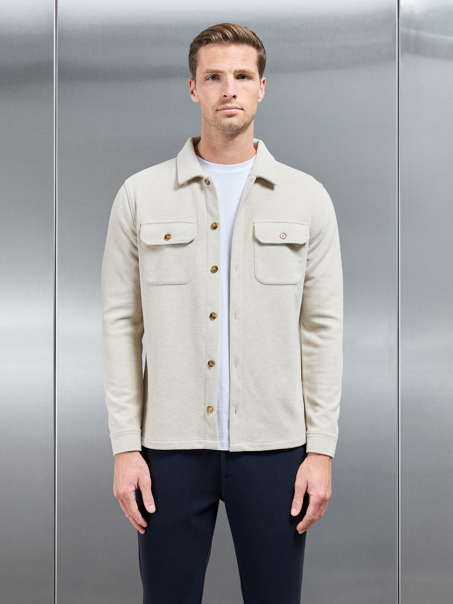 Textured Knitted Overshirt in Stone