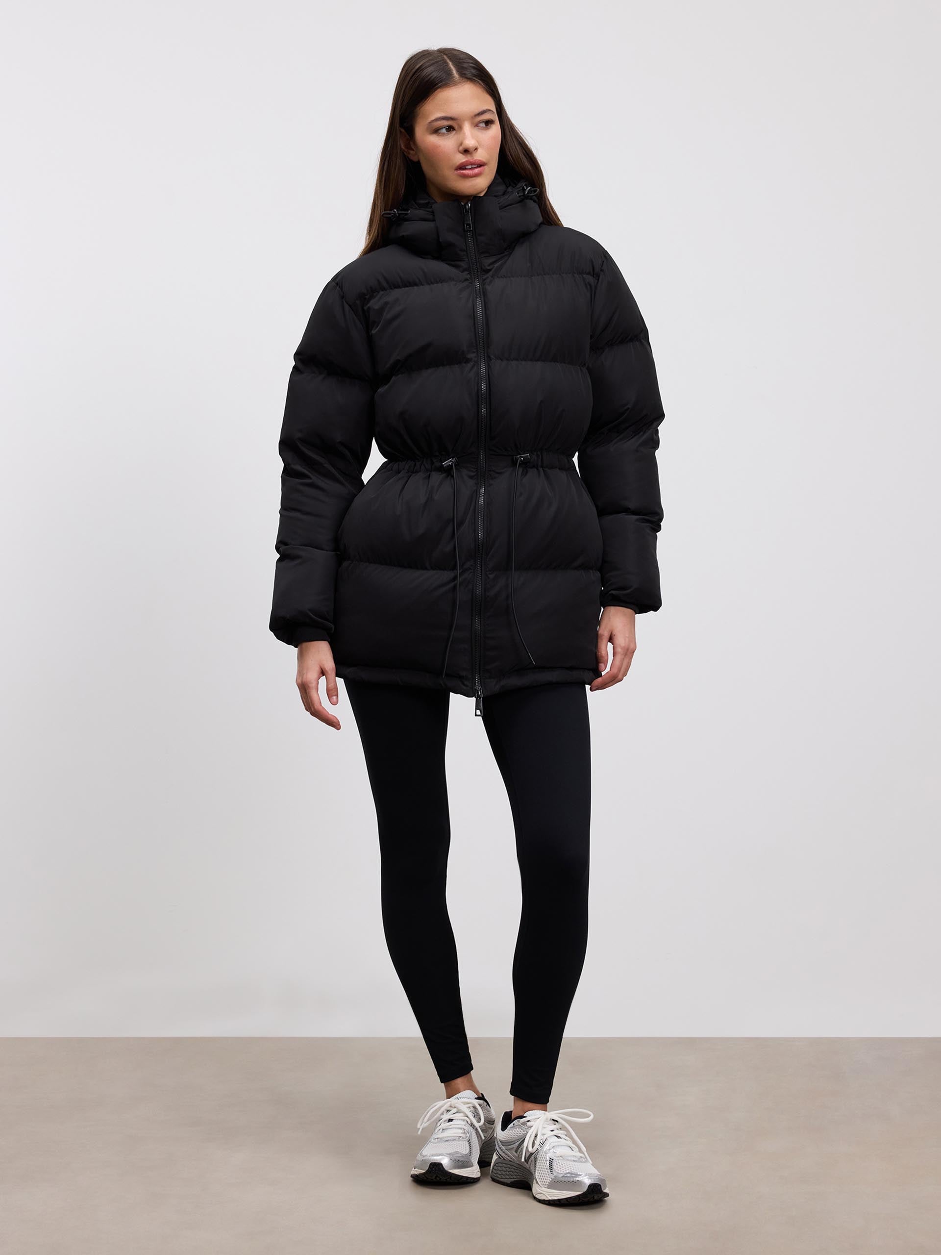 Womens Tie Waist Puffer Jacket in Black
