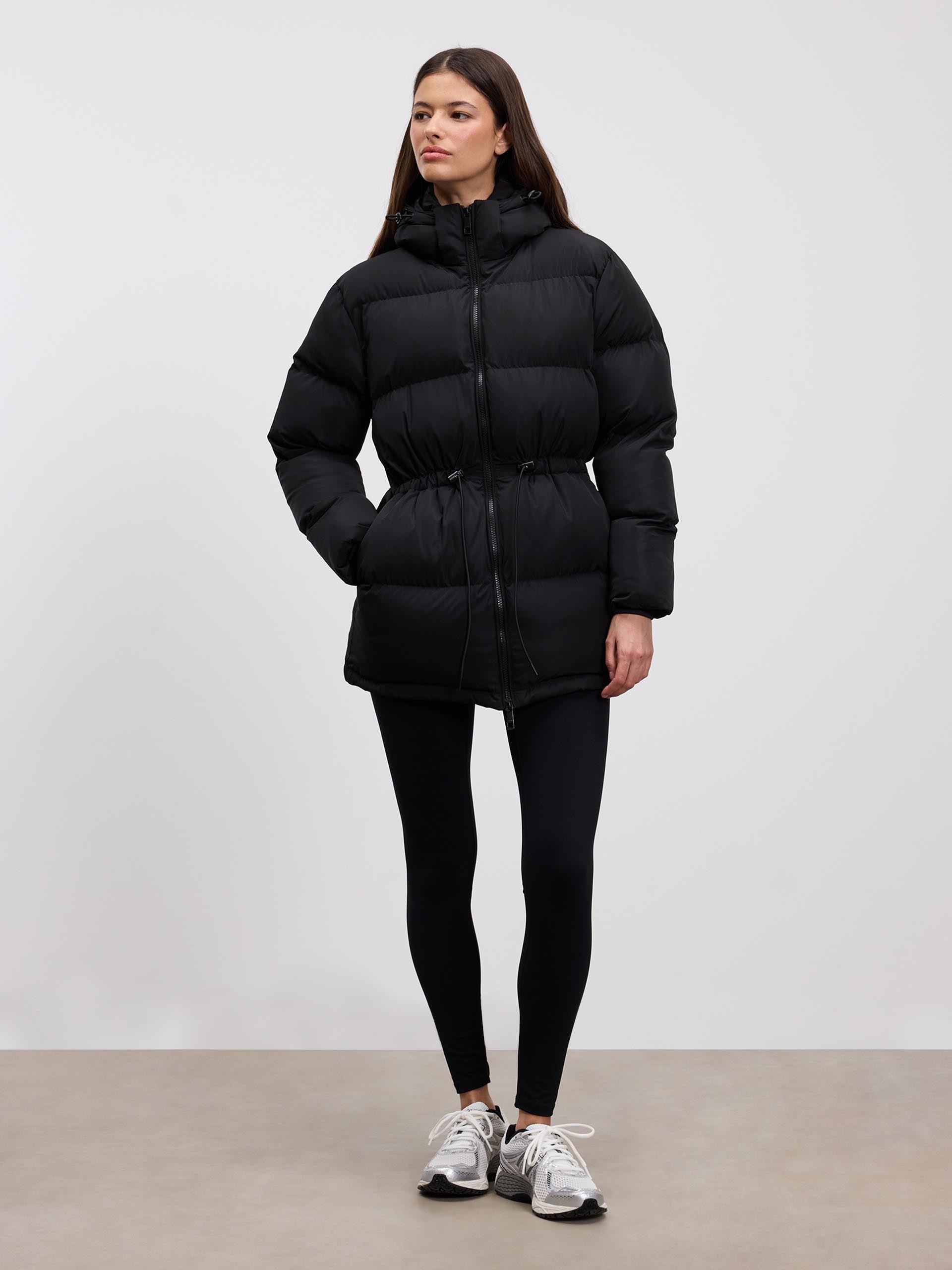 Womens Tie Waist Puffer Jacket in Black