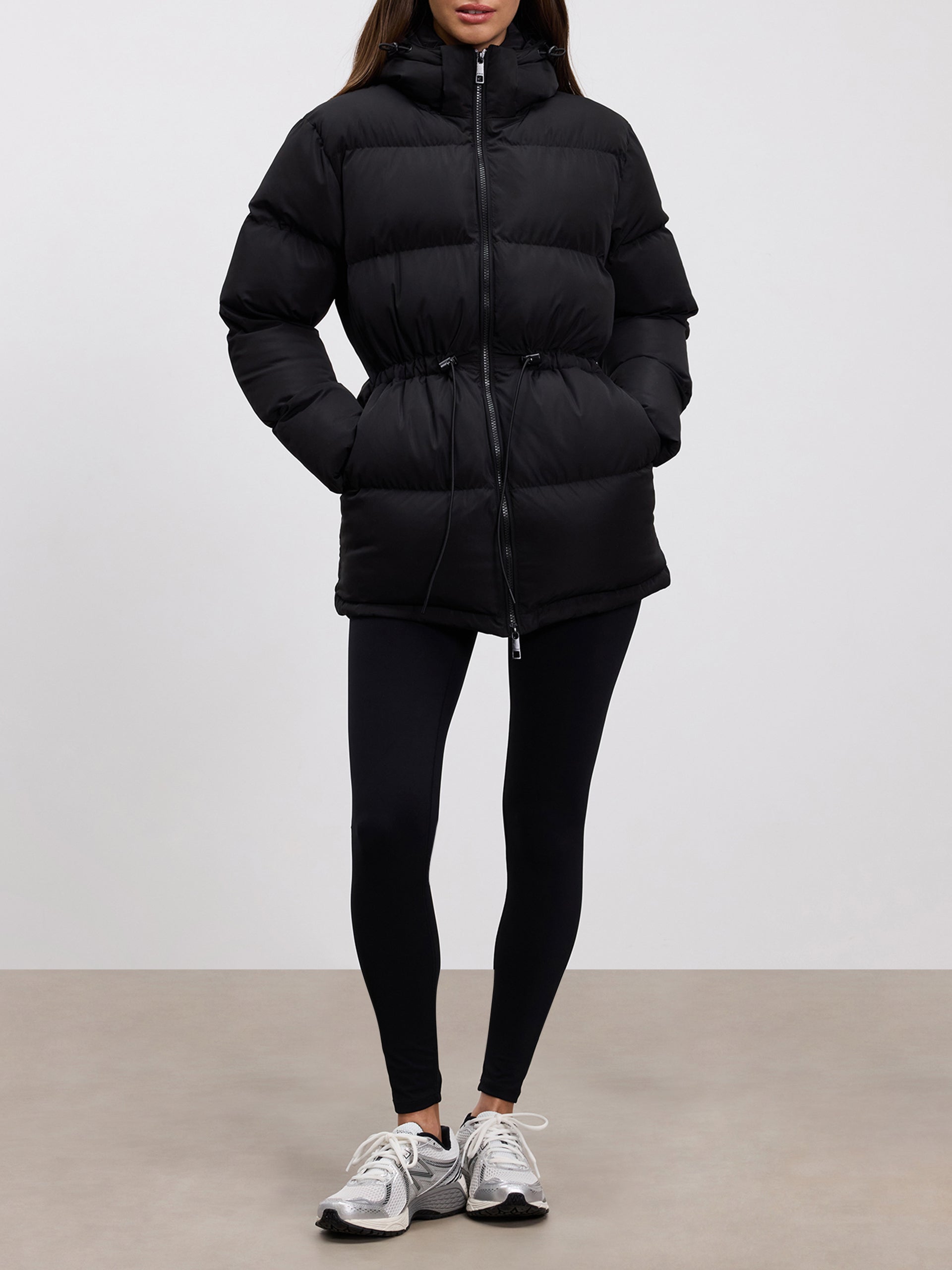 Womens Tie Waist Puffer Jacket in Black