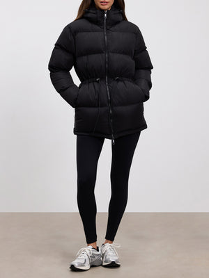 Womens Tie Waist Puffer Jacket in Black