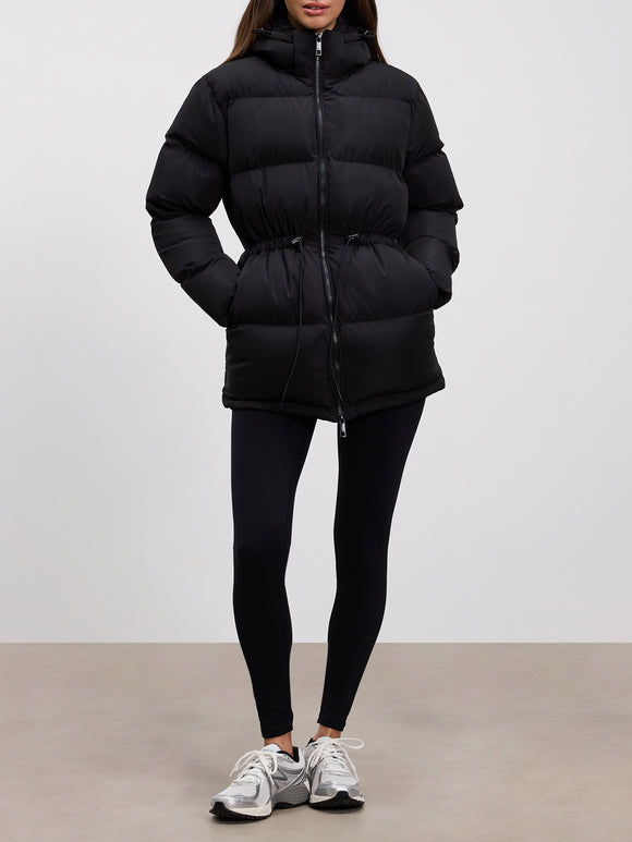 Womens Tie Waist Puffer Jacket in Black