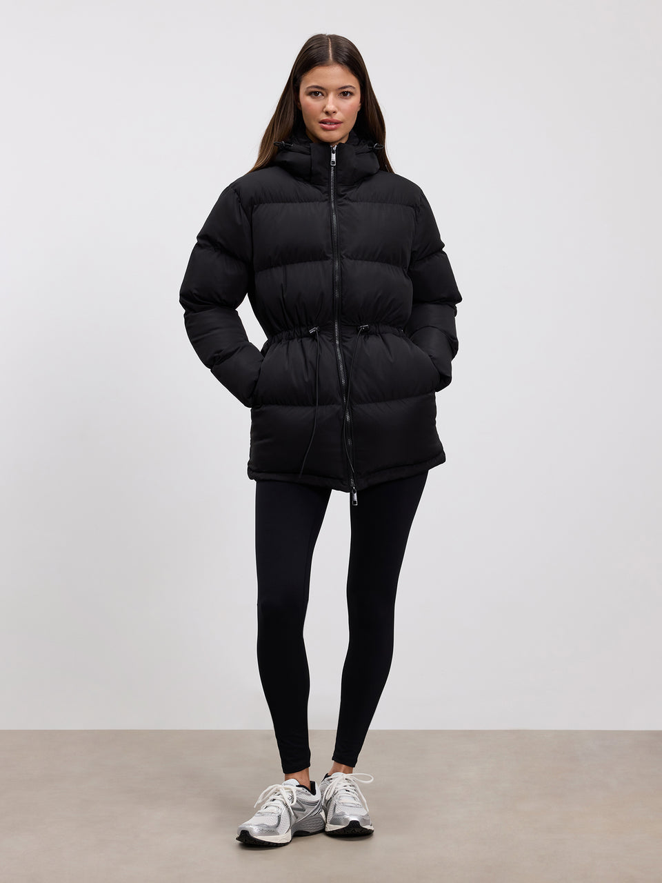 Womens Tie Waist Puffer Jacket in Black