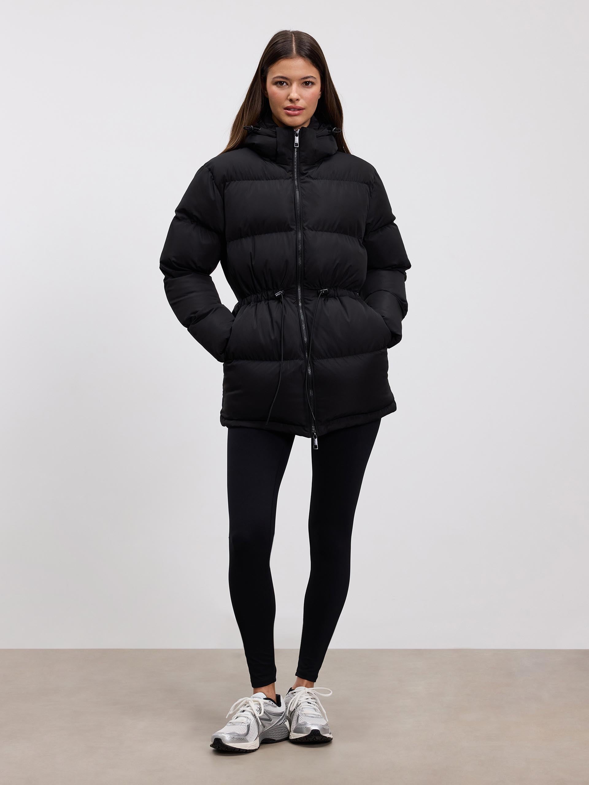 Womens Tie Waist Puffer Jacket in Black
