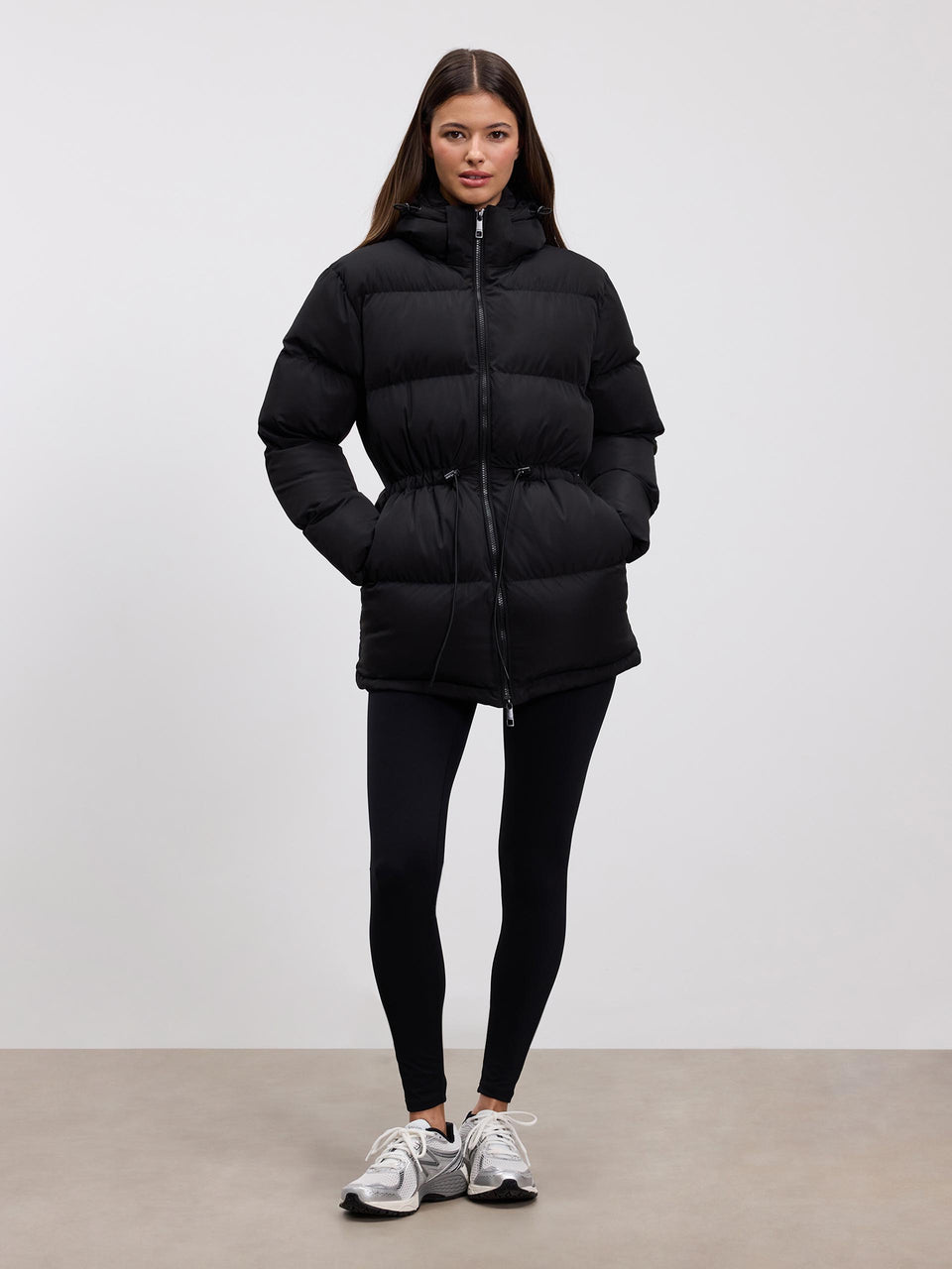 Womens Tie Waist Puffer Jacket in Black