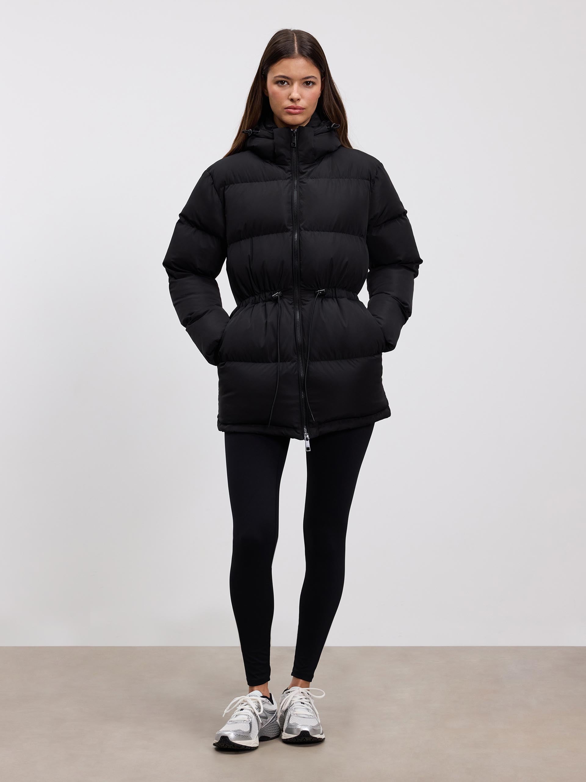 Womens Tie Waist Puffer Jacket in Black