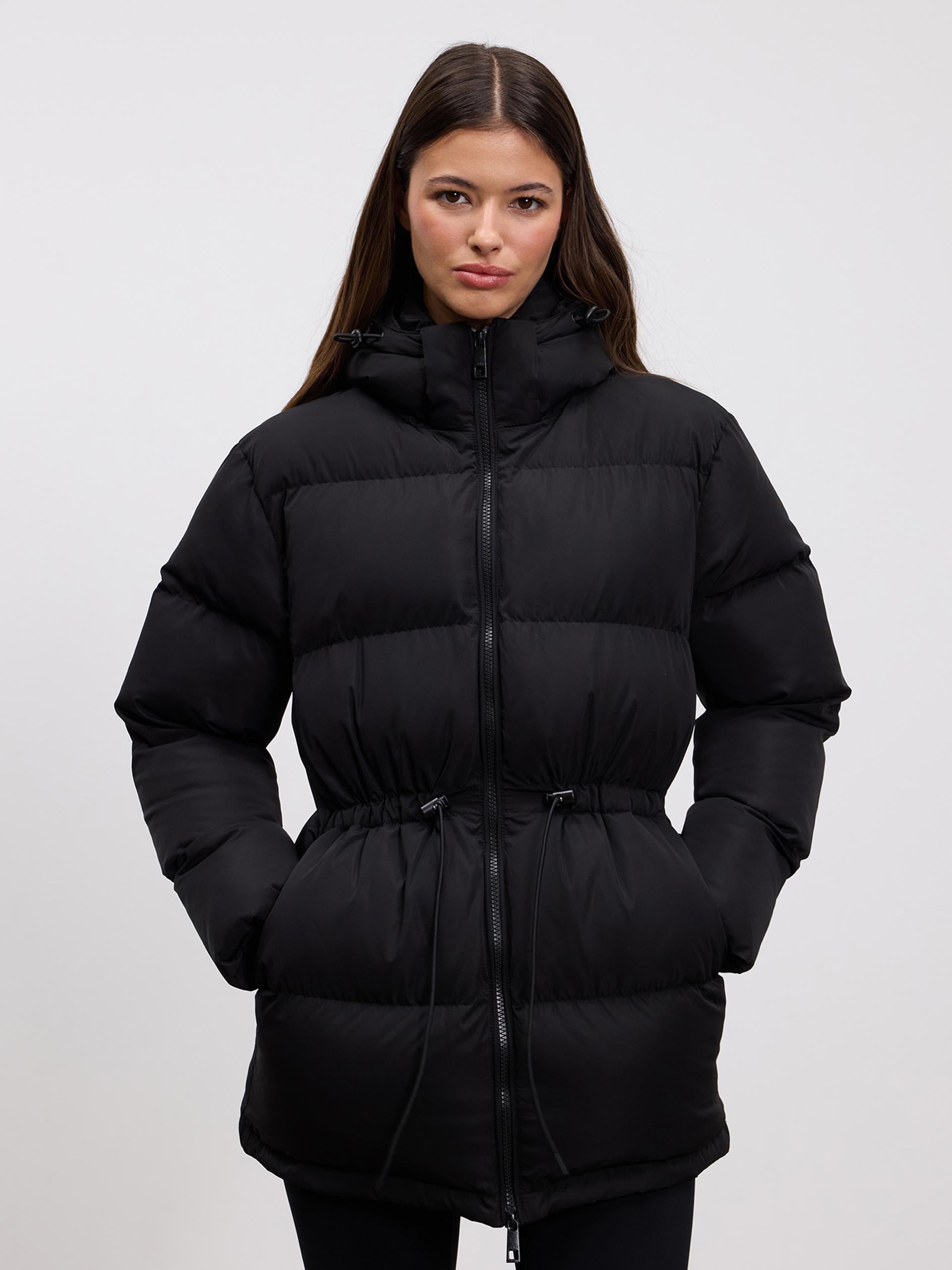 Womens Tie Waist Puffer Jacket in Black