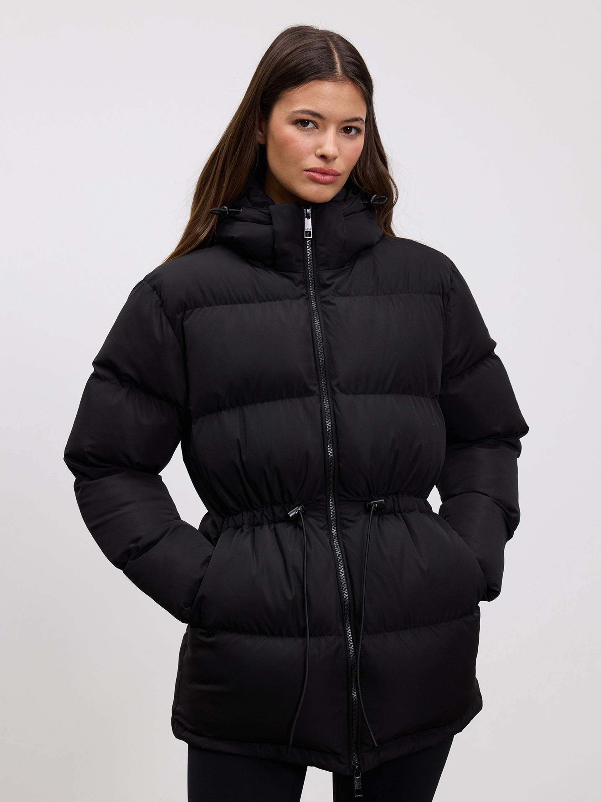 Womens Tie Waist Puffer Jacket in Black