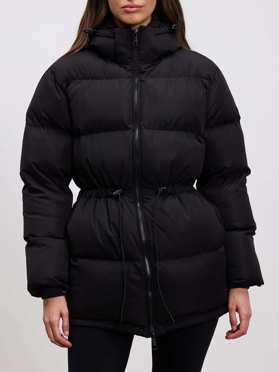 Womens Tie Waist Puffer Jacket in Black