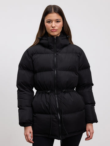 Womens Tie Waist Puffer Jacket in Black